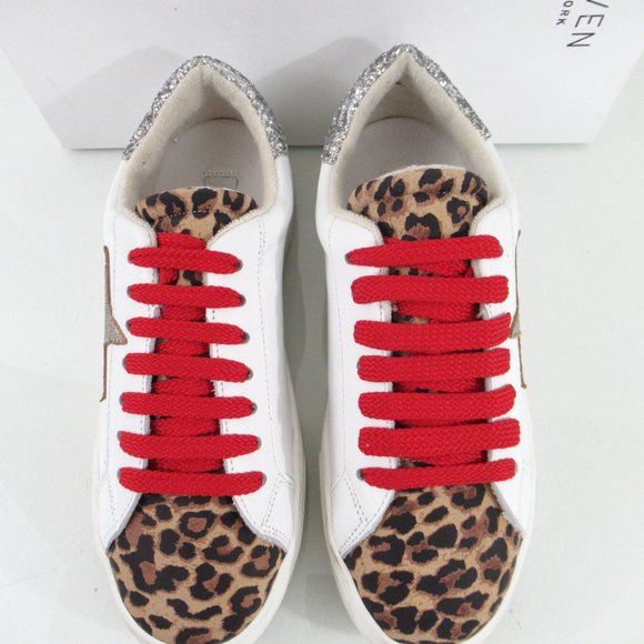 Steven New York By Steve Madden Rubie Lace Up Star Sneaker White Leopard Size 7 - Picture 3 of 9